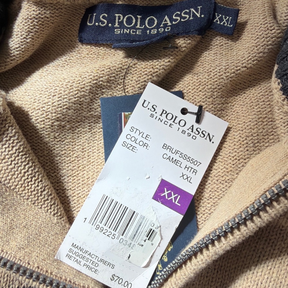 US Polo Assn Mens Camel Heather Striped Quarter Zip Sweater XXL BRUF5S5507 NEW - Picture 9 of 12